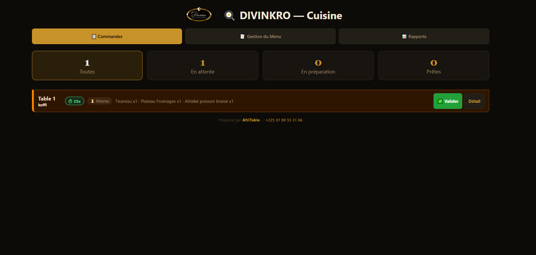 Écran cuisine en temps réel